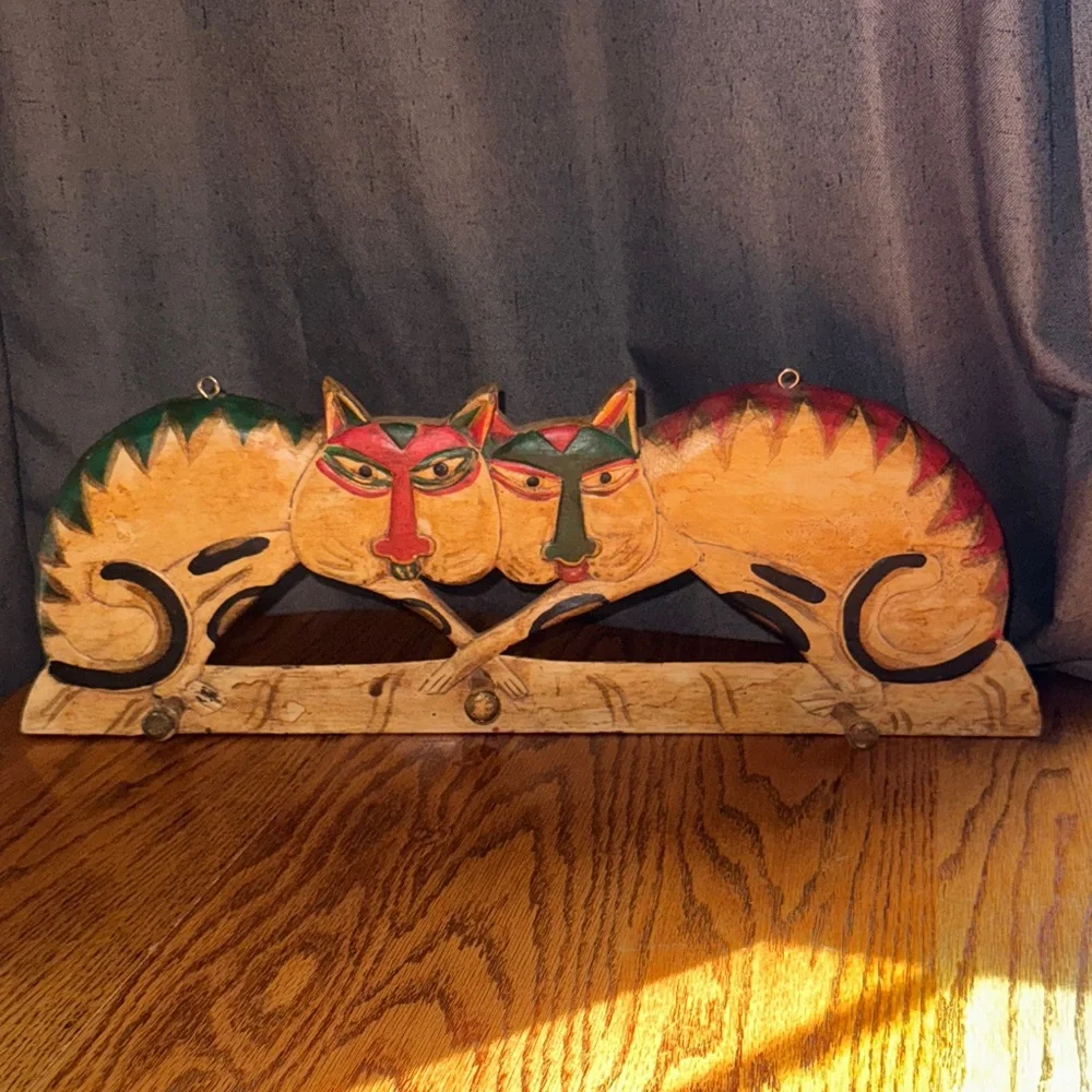 Vintage wood Hand-Painted Double Cat Wall Hook - Yellow, Red & Green